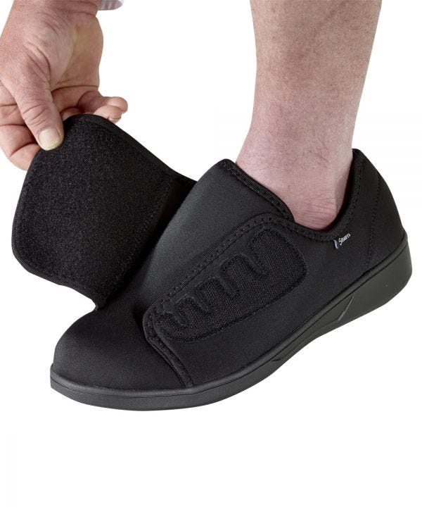 Soft flexible extra wide Black shoe with the huge Velcro closure open