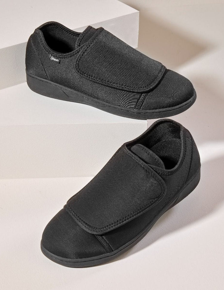 Pair of the soft flexible extra wide Black shoes with large velcro closures at front