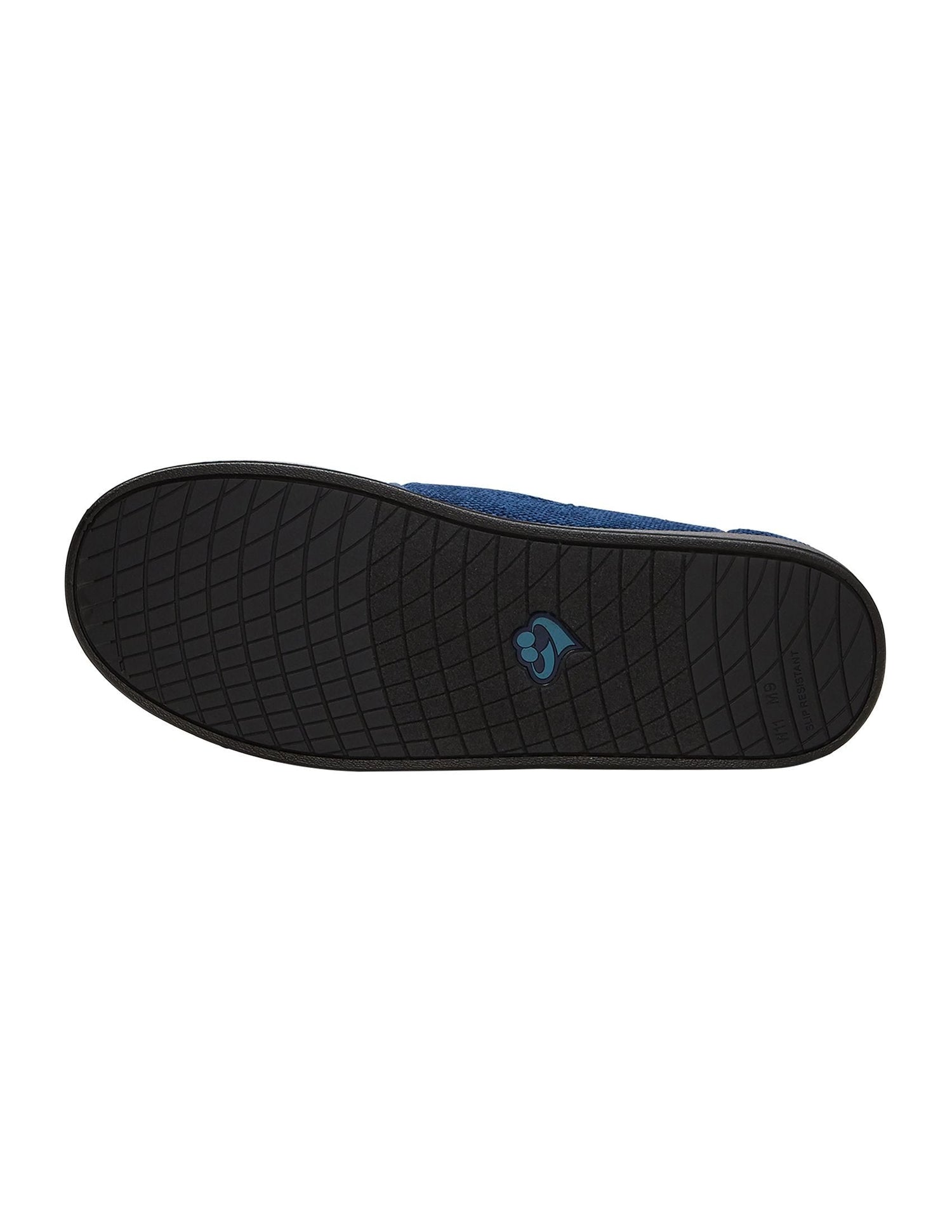 Bottom of wide indoor navy slippers with non-slip black soles and removable memory foam insoles