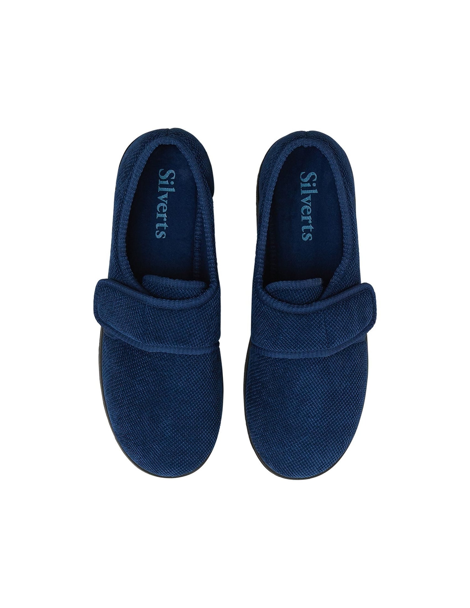 Top of wide navy indoor slippers with Velcro closures and removable memory foam insoles