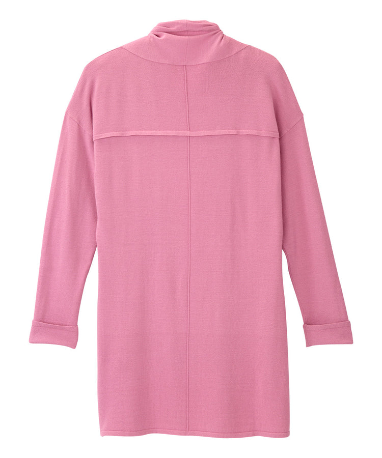 Back of long pink cardigan