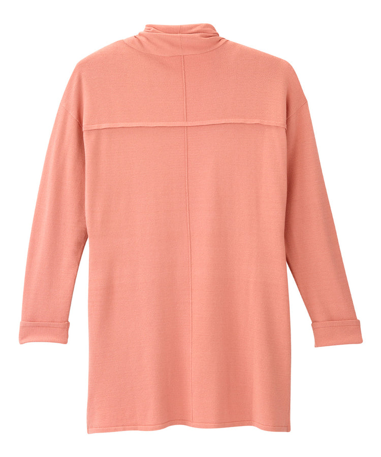 Back of light orange cardigan with two front pockets