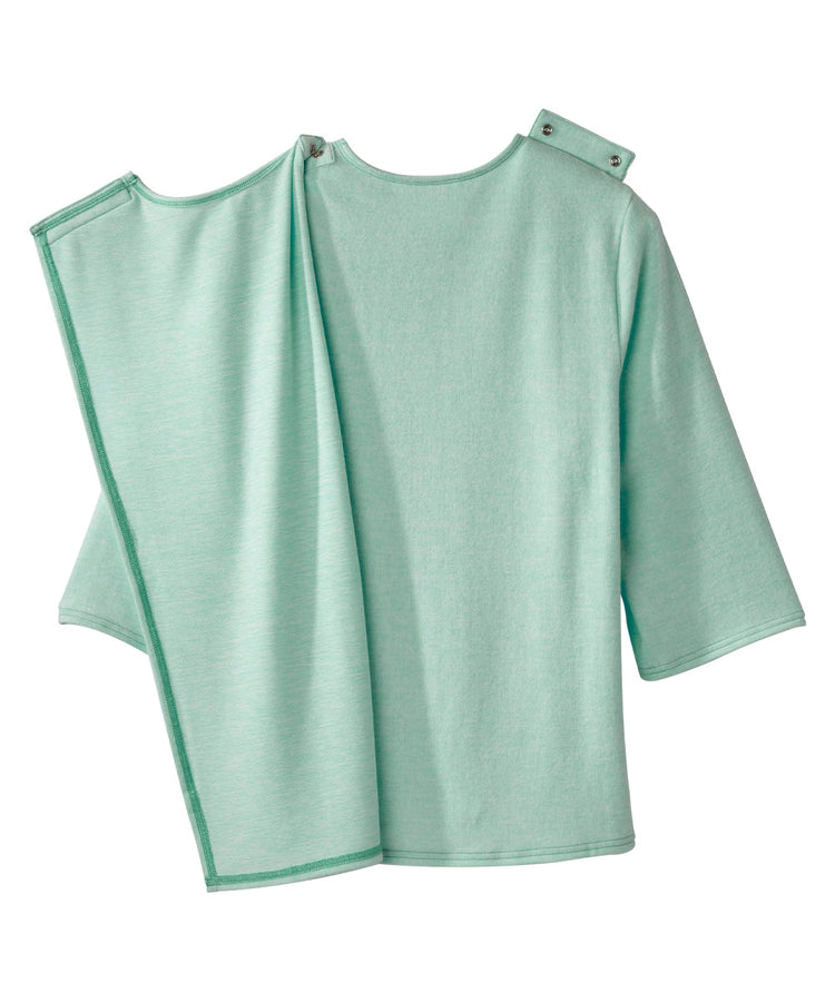 Green top with full open back and snap closures on shoulders