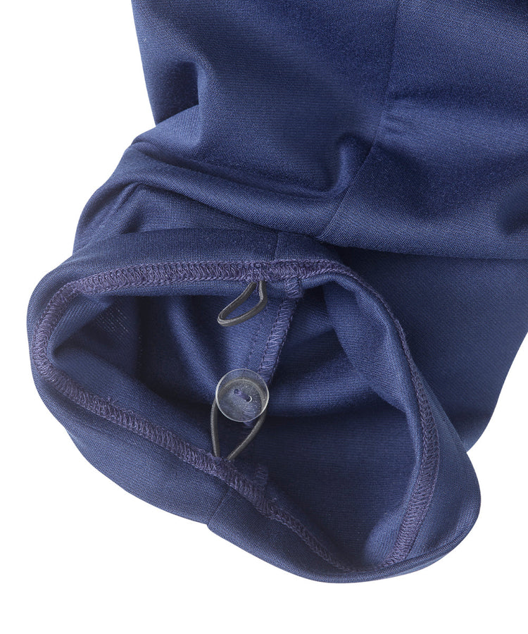 Women's blue knit pants with pull tab at bottom