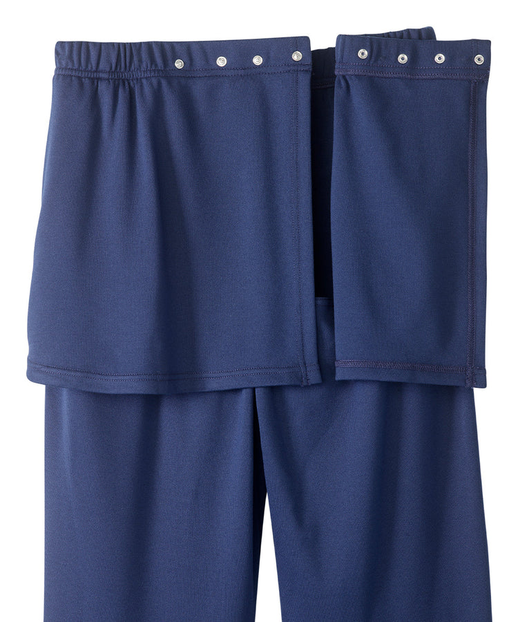 Women's blue knit pants with snap closures at waist