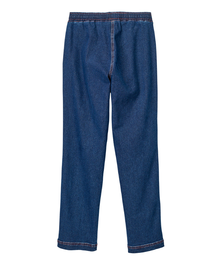 Women’s indigo blue cargo jeans with pull up loops, four convenient pockets, and adjustable hem.