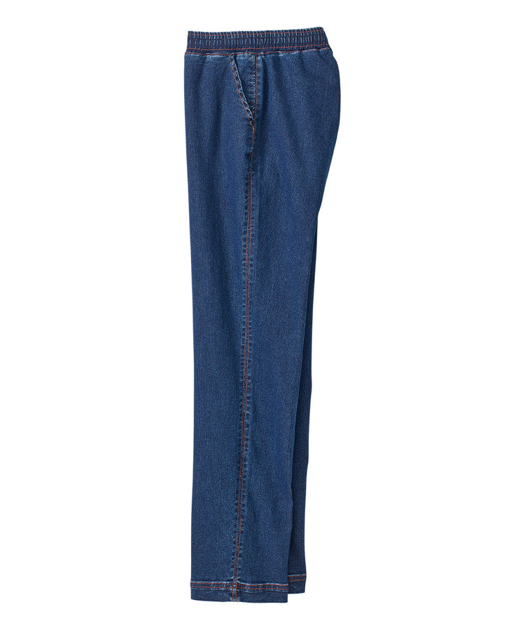Women’s indigo blue cargo jeans with pull up loops, four convenient pockets, and adjustable hem.
