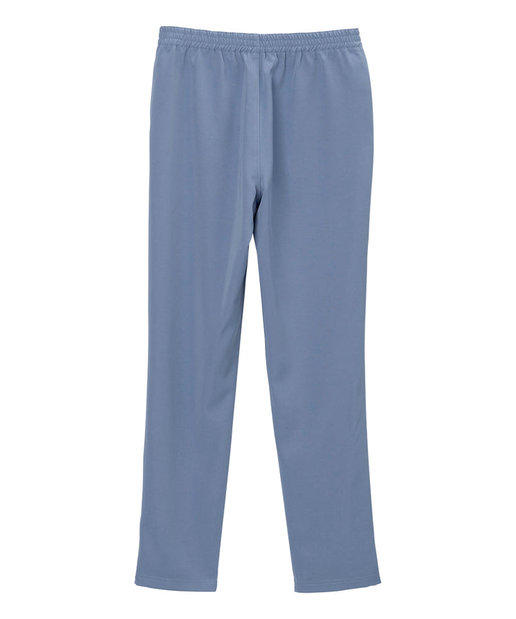 Women’s light blue side zipper pants with pull up loops and elastic waist.