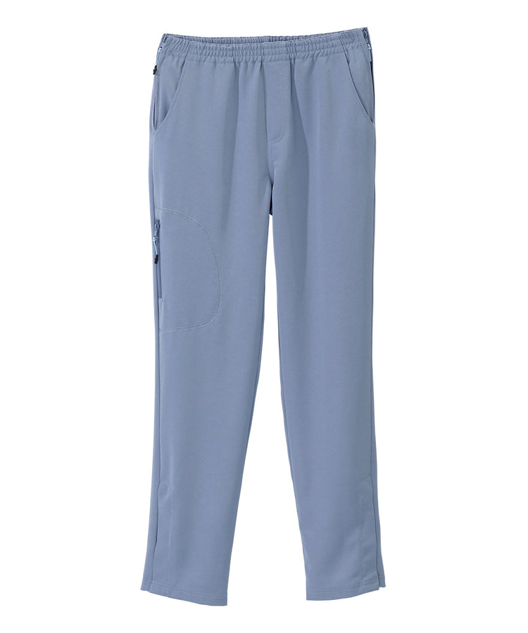 Women’s light blue side zipper pants with pull up loops and elastic waist.