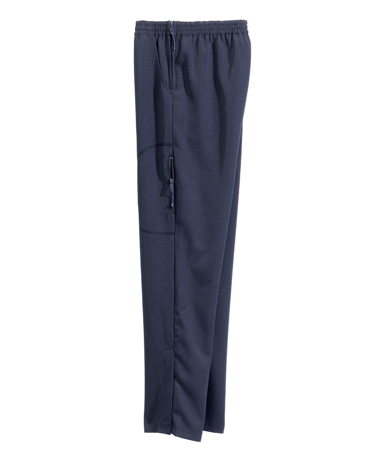 Women’s indigo blue side zipper pants with pull up loops and velcro tab closures.