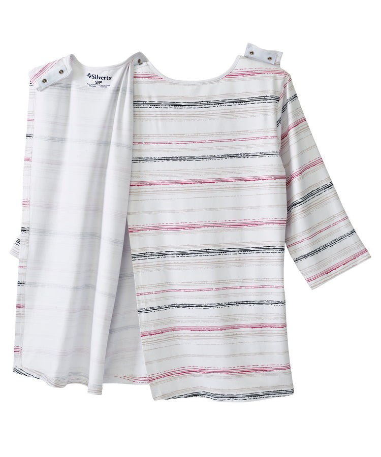 Women’s white striped elbow length top with back overlap and snap closures on shoulder.