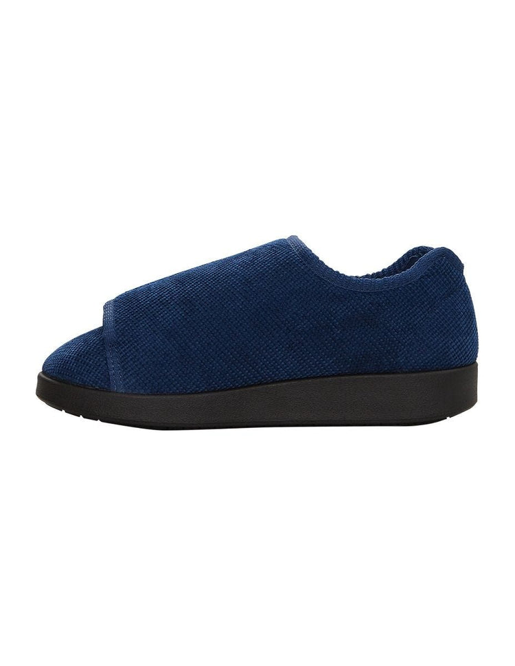 Women’s navy blue wide non slip slippers with large velcro closure for an adjustable fit.