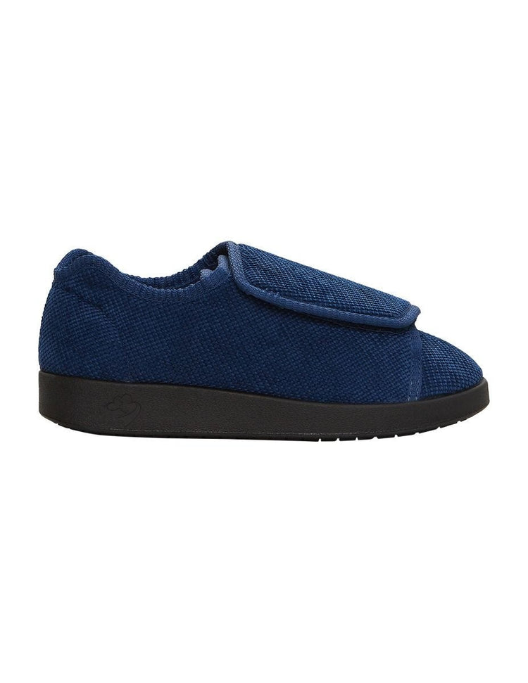Women’s navy blue wide non slip slippers with large velcro closure for an adjustable fit.