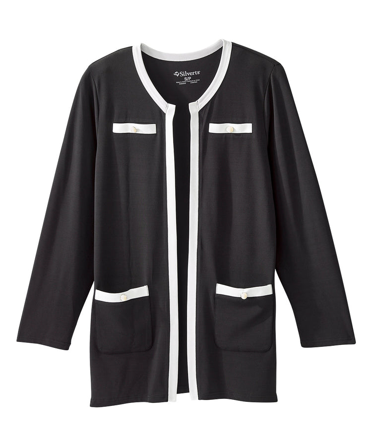 Black and white knit cardigan with four pockets at front