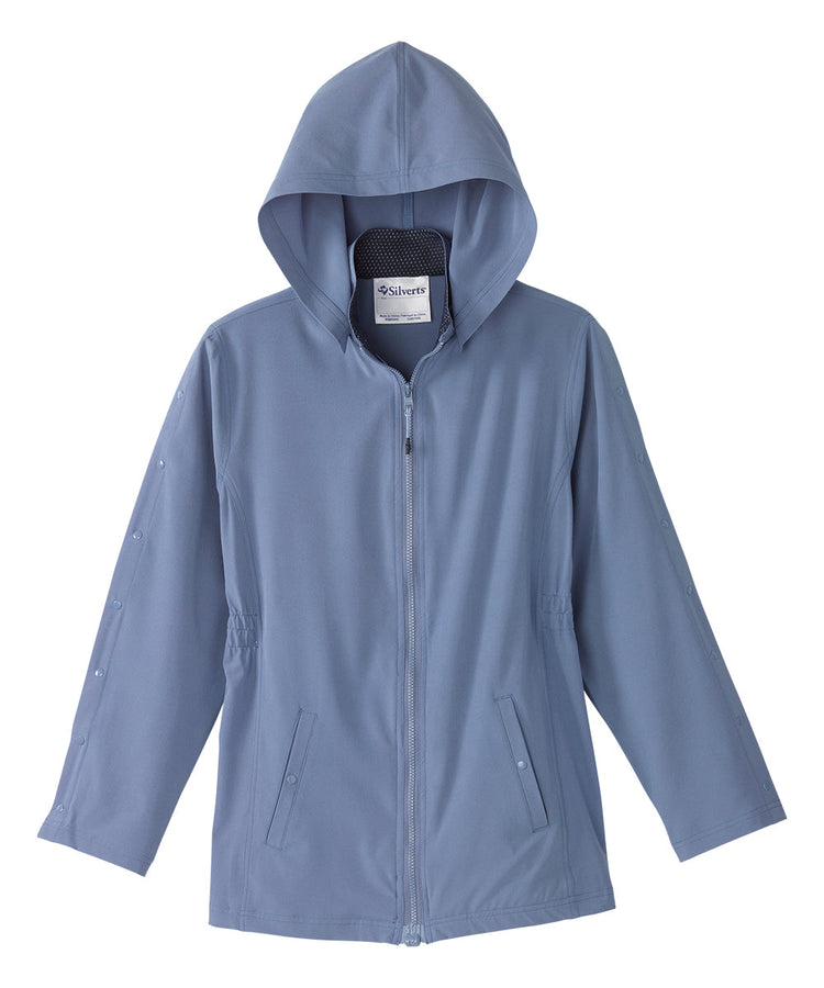 Women’s light blue rain jacket with magnetic zipper, snaps along the sleeves, and removable hood.