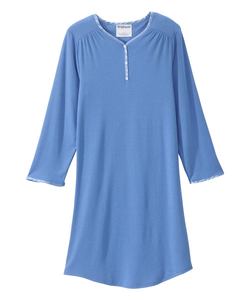 Front of the blue Women's Long Sleeve Open Back Nightgown