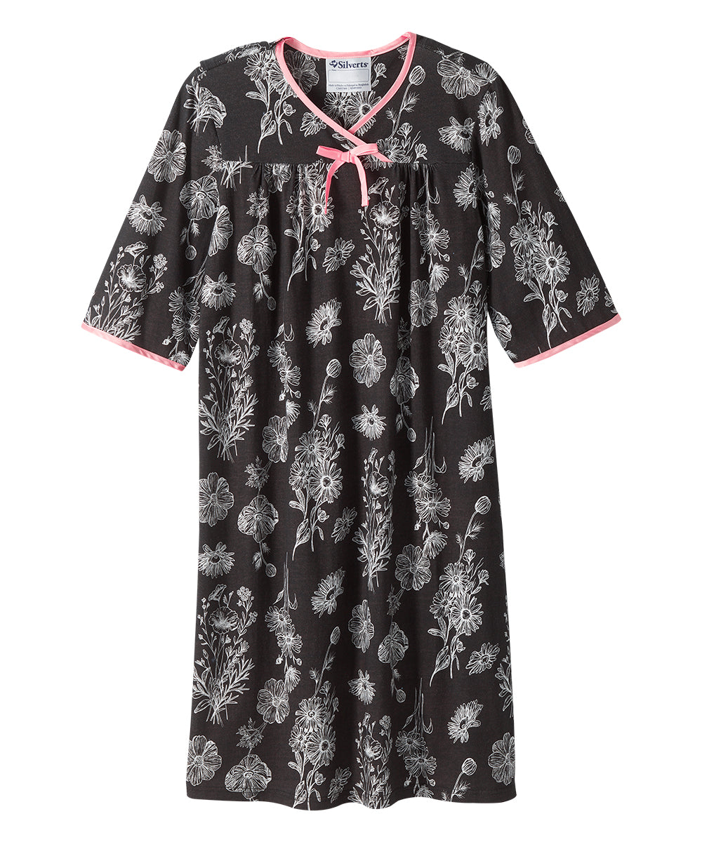 Front of the Ink Drawn Floral Women's Knit Open Back Nightgown