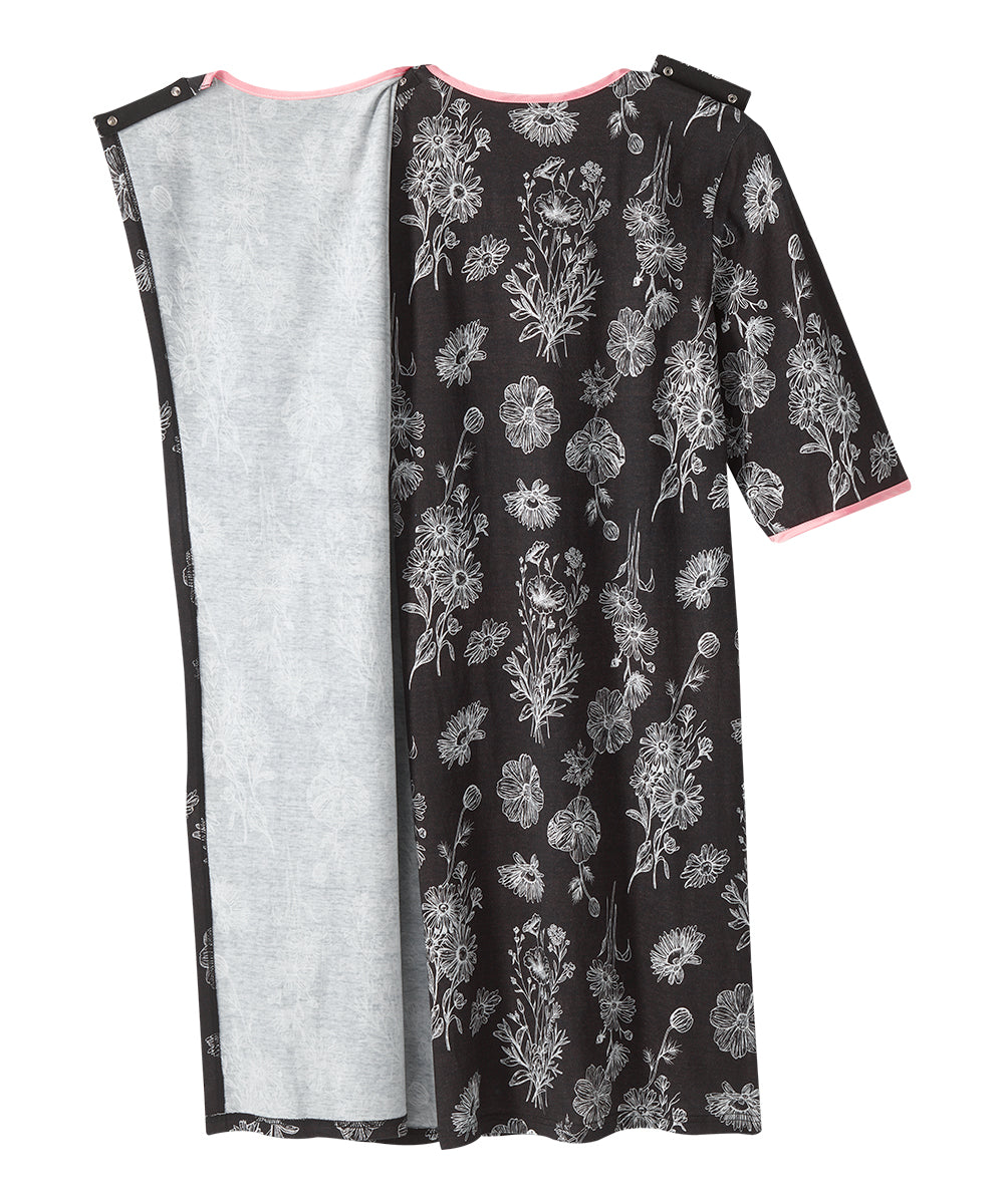 Shoulder Snap Closure of the Ink Drawn Floral Women's Knit Open Back Nightgown