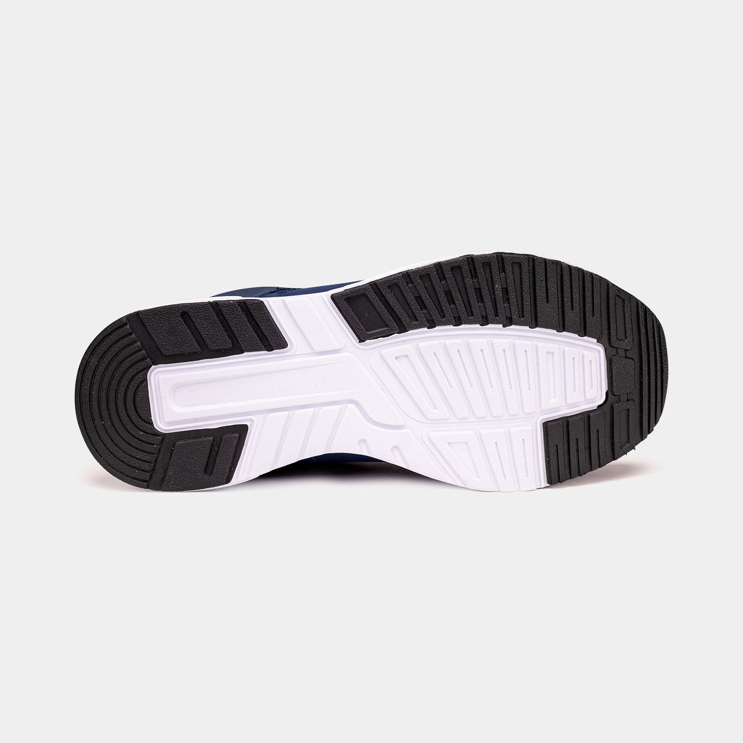 Bottom of navy blue mens shoe with anti slip soles and traction patterns.