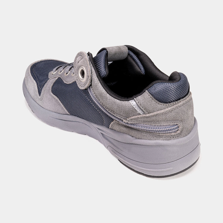  Medium grey mens shoe with light grey bottom, dark grey accents, and rear zipper access.