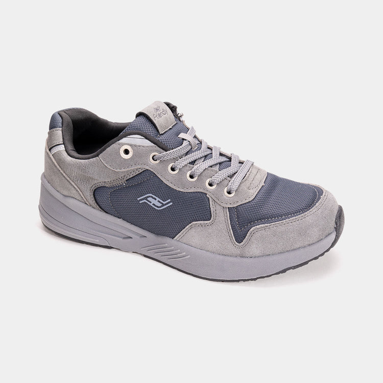  Medium grey mens shoe with light grey bottom, dark grey accents, and rear zipper access.