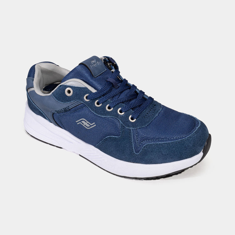 Navy blue mens shoe with white bottom, light blue accents, and rear zipper access.