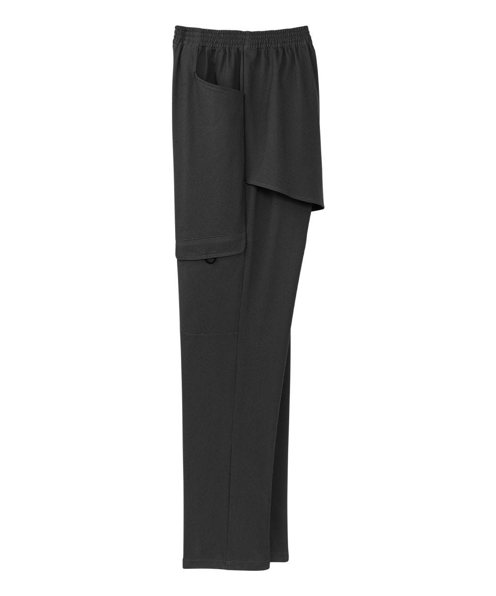 Side of black pants with two large pockets and two flap pockets on either side