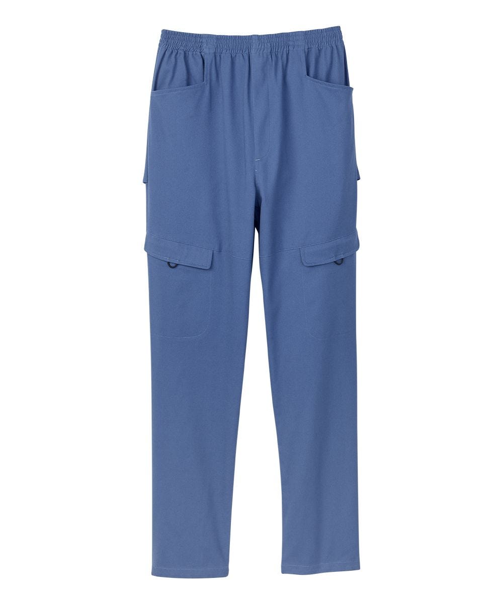 Super soft blue cargo pants with elastic waistband and four pockets at the front