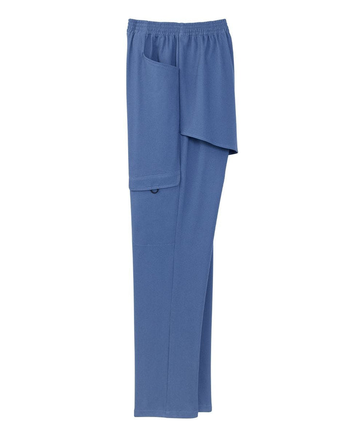 Side of blue pants with two large pockets and two flap pockets on either side