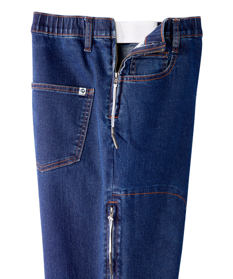 Side close up shot of the discrete internal pull-up loops on side of jeans