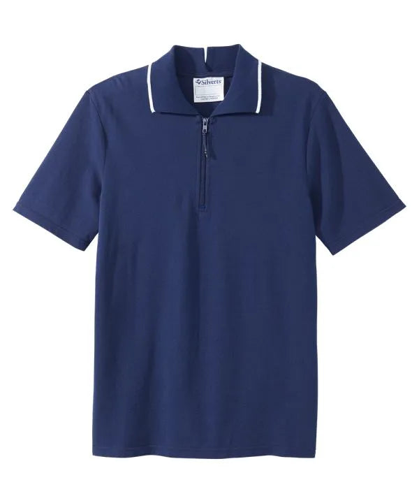 june adaptive mens zip polo shirt open back intense indigo