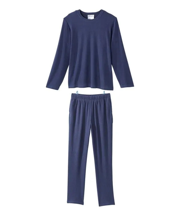 Front of the navy Men's Knit Pajama Set With Back Overlap Top & Pull-on Pant