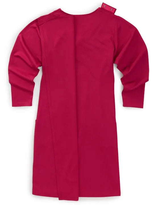 Snap closure of the pink Women's Ponte Long Sleeve Open Back Dress