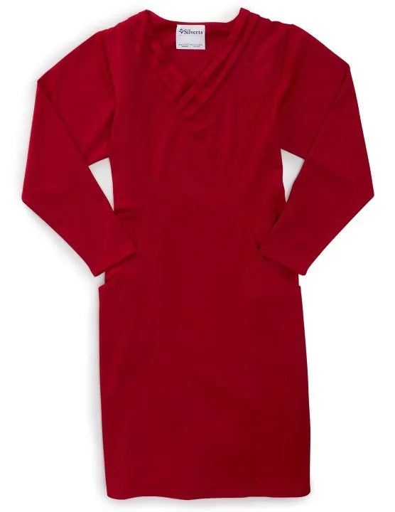 Front of the red Women's Ponte Long Sleeve Open Back Dress