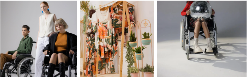 Fashion models on wheelchairs and clothes on a rack