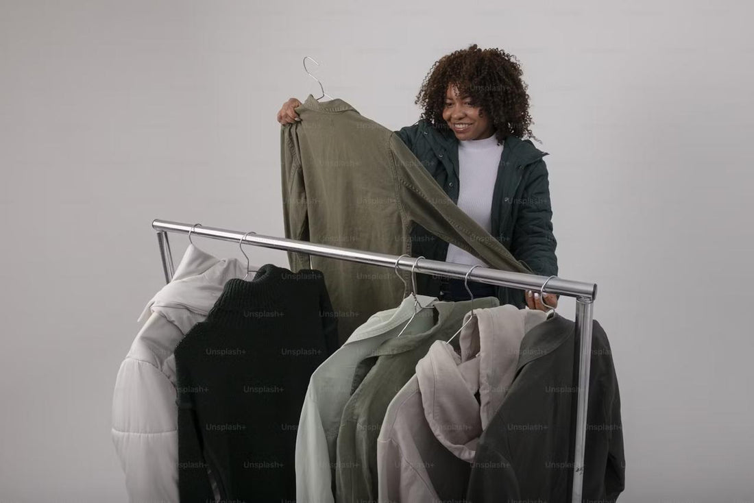 A women with curly hair stands in front of a clothing rack, holding up a green jacket. The rack displays various jackets in neutral tones including white, gray, and black. The background is plain and light colored. 