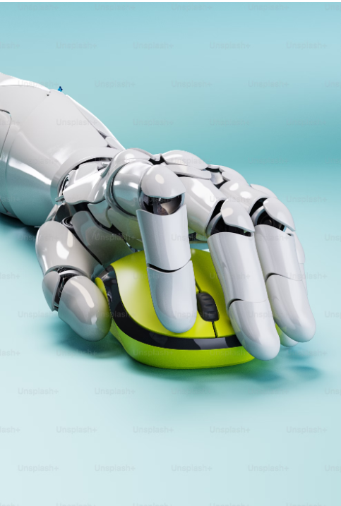 A robotic hand using a neon yellow computer mouse on a light blue background, symbolizing the intersection of technology and artificial intelligence.