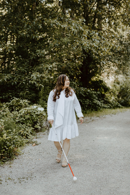Author of this post walking while wearing adaptive fashion