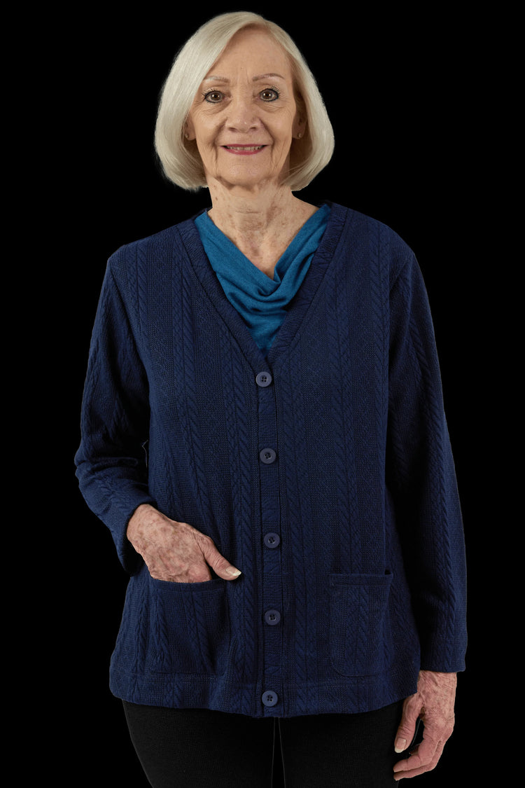 Easy-Access Snap-Front Cardigan for Assisted Dressing | Cable Knit Adaptive Cardigan