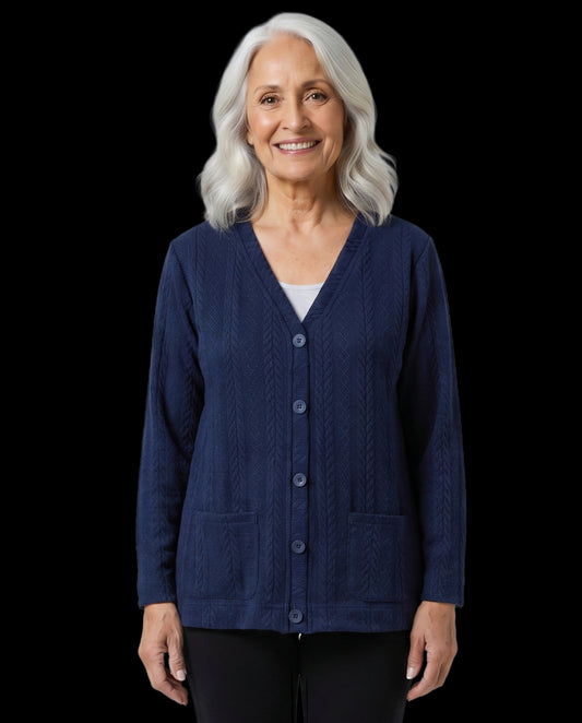 Easy-Access Snap-Front Cardigan for Assisted Dressing | Cable Knit Adaptive Cardigan