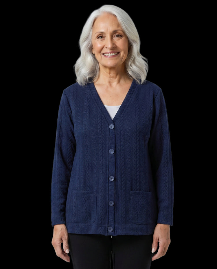 Easy-Access Snap-Front Cardigan for Assisted Dressing | Cable Knit Adaptive Cardigan