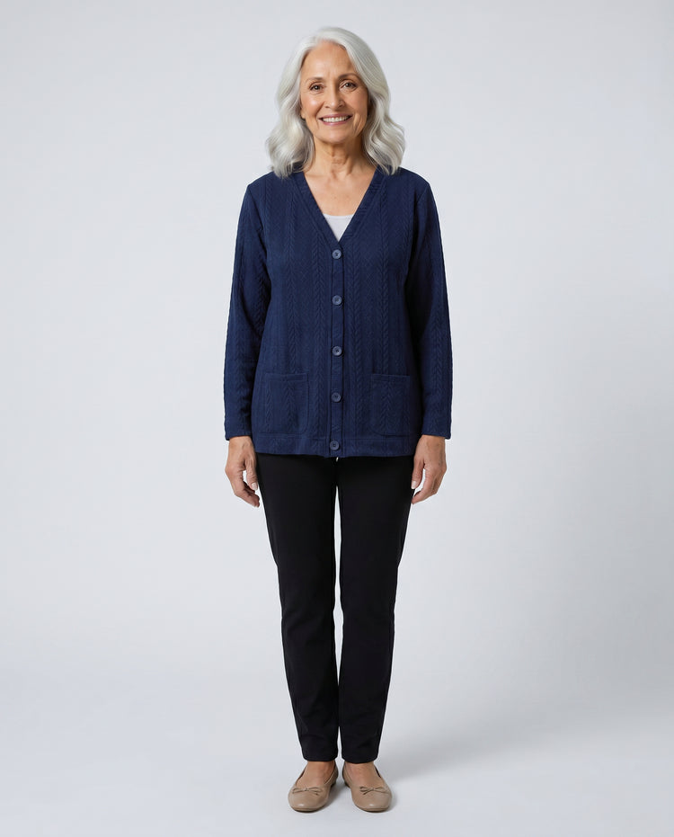 Easy-Access Snap-Front Cardigan for Assisted Dressing | Cable Knit Adaptive Cardigan