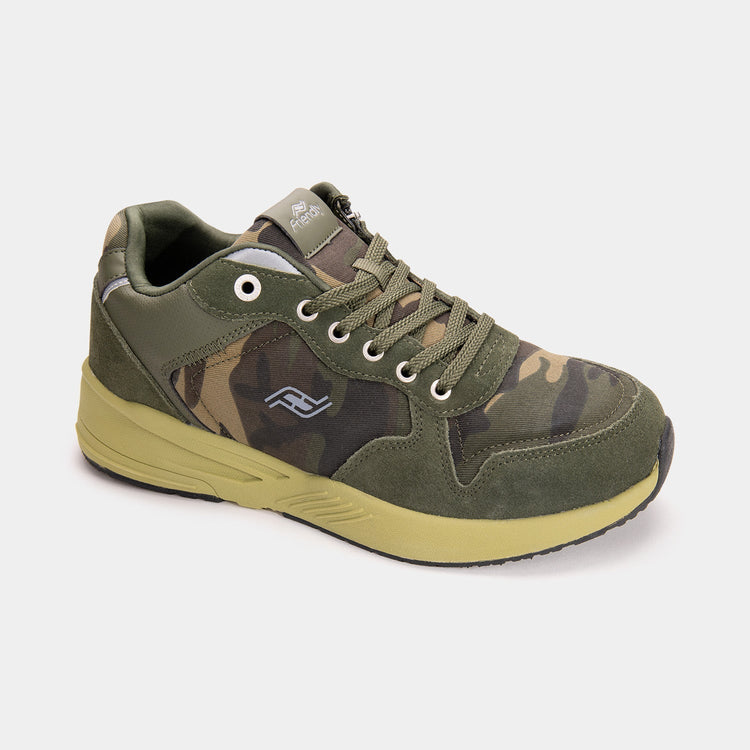 Camo and dark green mens shoe with rear zipper access and light green anti slip soles.