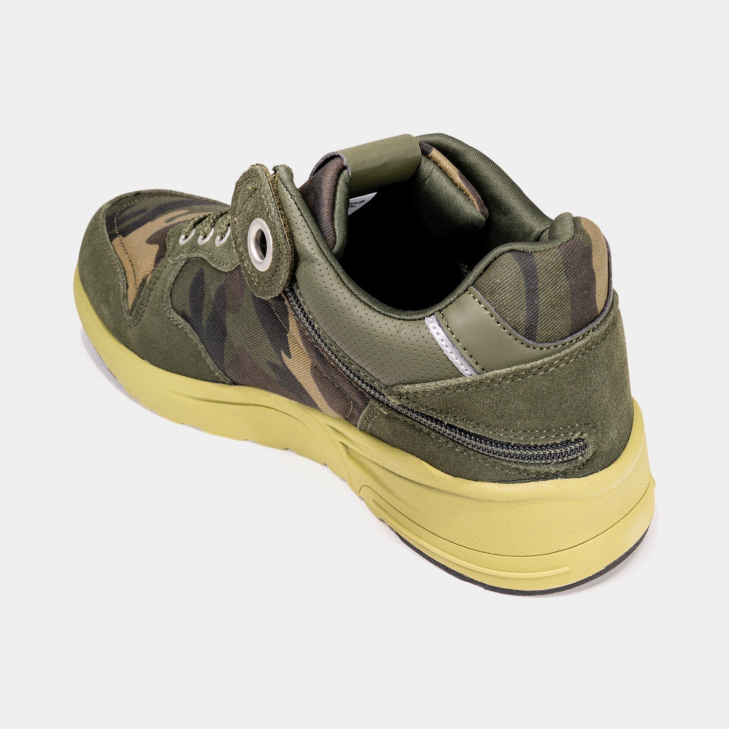 Camo and dark green mens shoe with rear zipper access and light green anti slip soles.