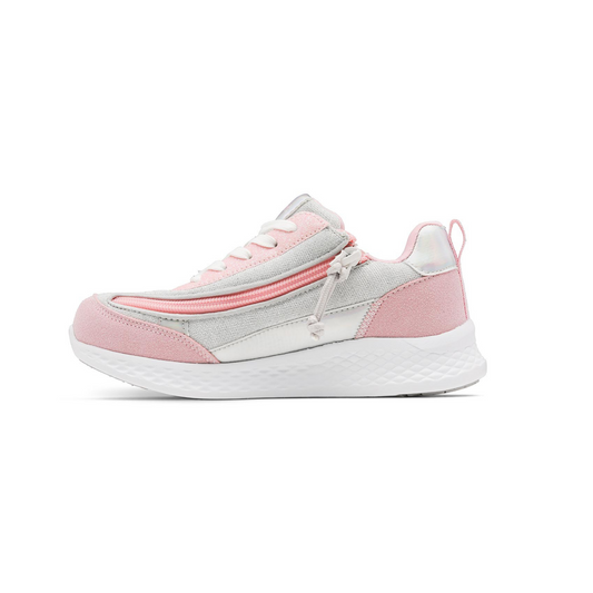Pink and white kids shoe with white bottom and side zipper access.