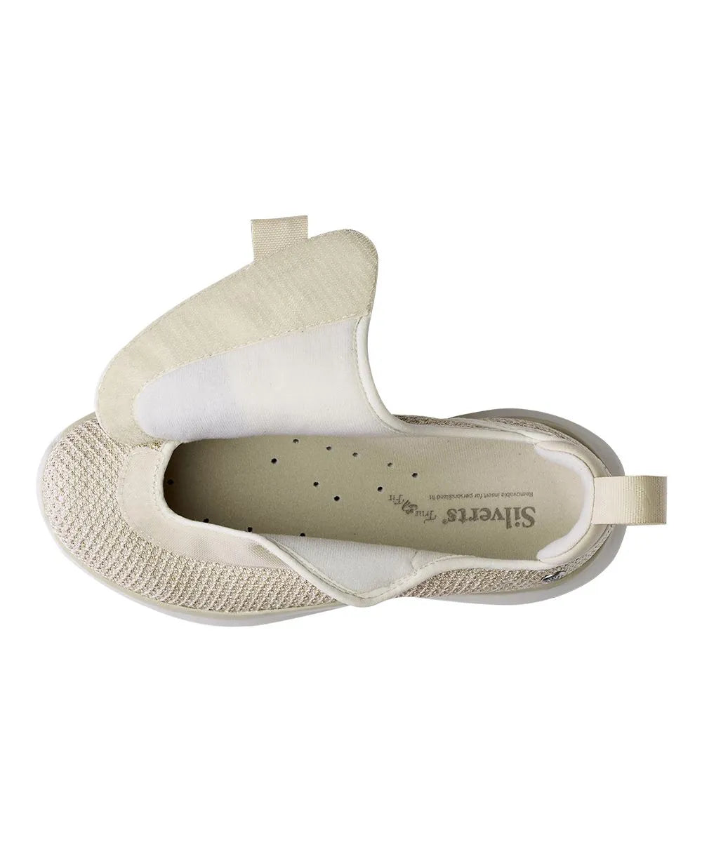 Top view of June Adaptive Women's Extra Wide Comfort Adjustable Shoes in Oyster, showcasing the roomy interior and easy-to-use adjustable closure.