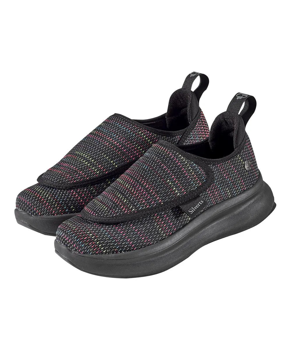 Pair of June Adaptive Women's Extra Wide Comfort Adjustable Shoes in Black Speckle, side by side, highlighting the stylish and functional design.