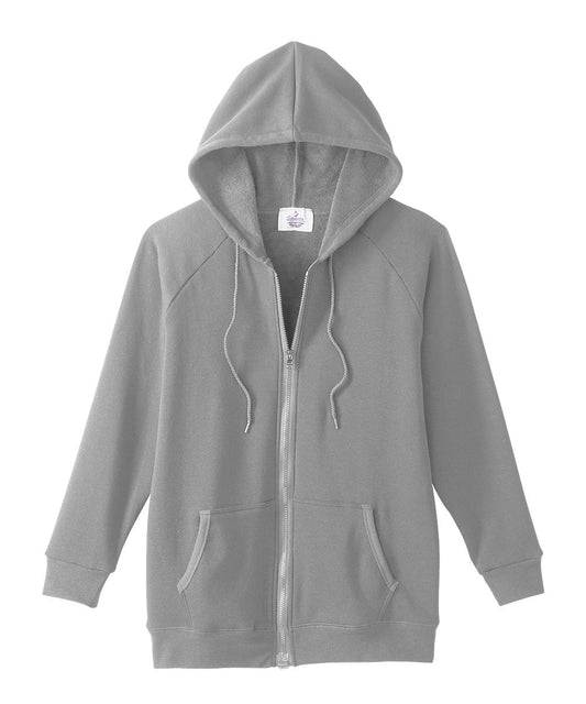 Grey women's hoodie with magnetic zipper, 2 pockets at the front