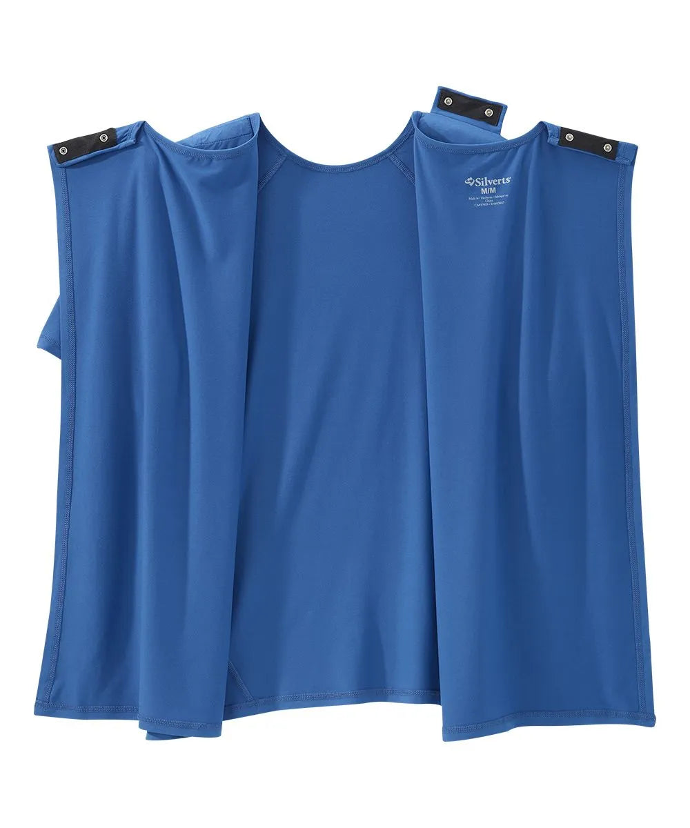 Electric Blue crew neck t shirt with back closure snaps.