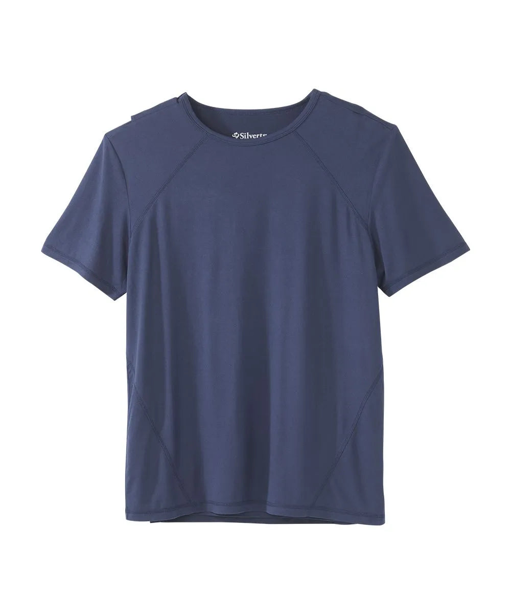 Navy crew neck t shirt with back closure snaps.